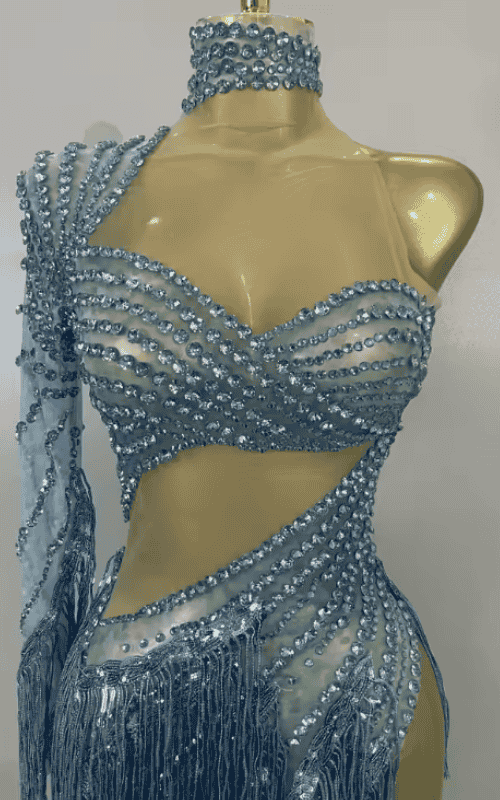 Jamie Blue Rhinestone Tassel One Shoulder Sheer Mesh Dress