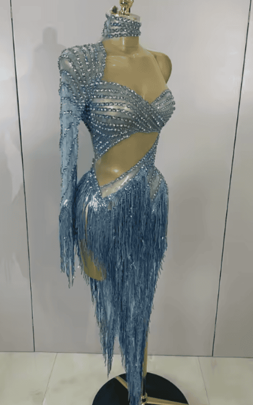 Jamie Blue Rhinestone Tassel One Shoulder Sheer Mesh Dress