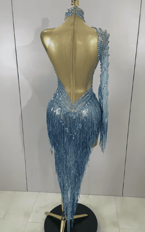 Jamie Blue Rhinestone Tassel One Shoulder Sheer Mesh Dress