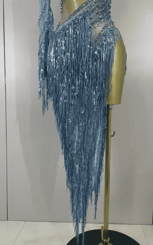 Jamie Blue Rhinestone Tassel One Shoulder Sheer Mesh Dress