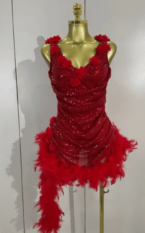 Jamilla Shiny Sequin Red Flower Feather Stretch Bodysuit Birthday Dress