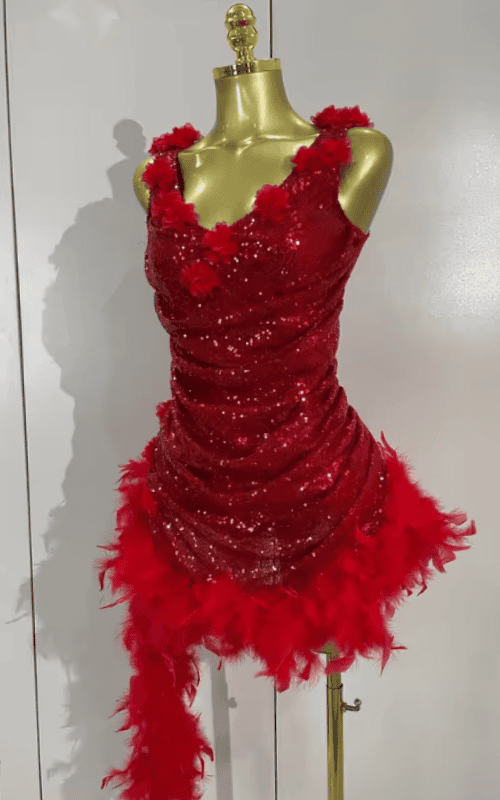 Jamilla Shiny Sequin Red Flower Feather Stretch Bodysuit Birthday Dress