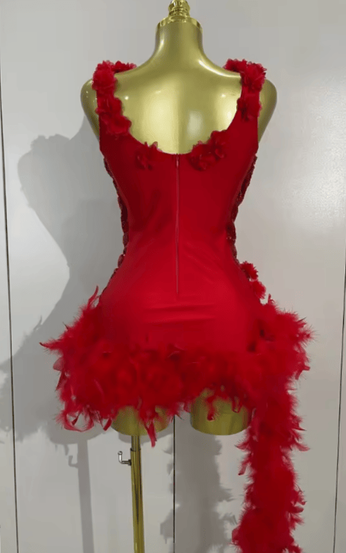 Jamilla Shiny Sequin Red Flower Feather Stretch Bodysuit Birthday Dress