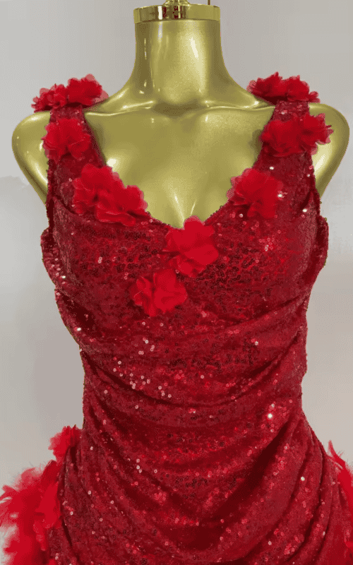 Jamilla Shiny Sequin Red Flower Feather Stretch Bodysuit Birthday Dress