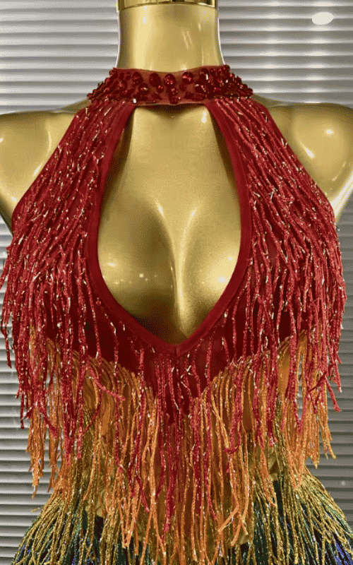 Jaye rainbow sequin tassel bodysuit for women. Sexy off shoulder outfit for birthdays, nightclub parties, and celebration events.