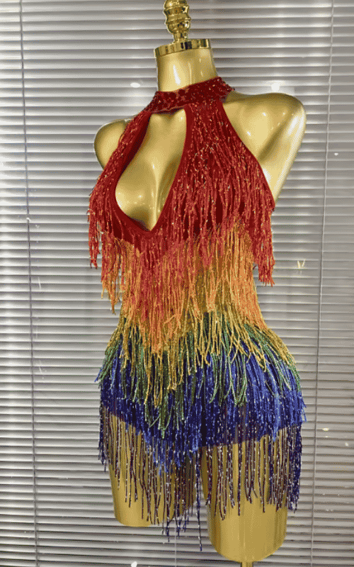 Jaye rainbow sequin tassel bodysuit for women. Sexy off shoulder outfit for birthdays, nightclub parties, and celebration events.