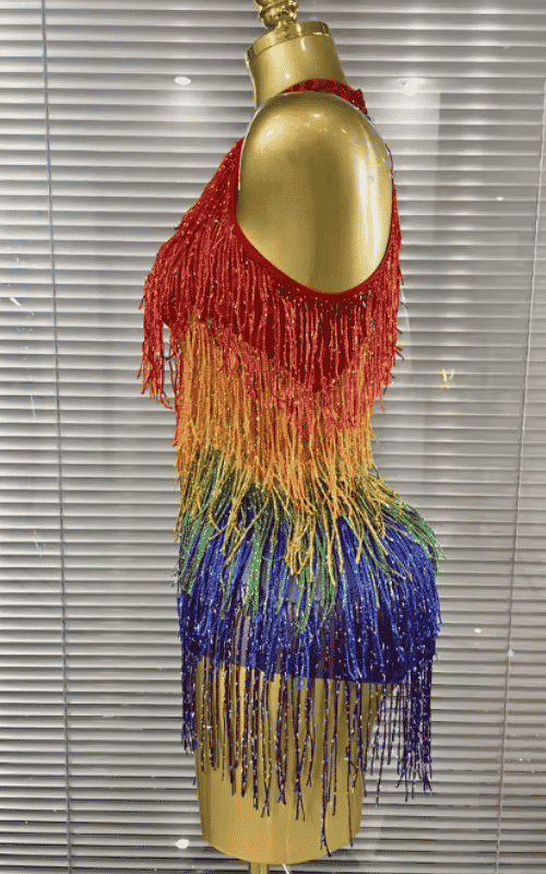 Jaye rainbow sequin tassel bodysuit for women. Sexy off shoulder outfit for birthdays, nightclub parties, and celebration events.