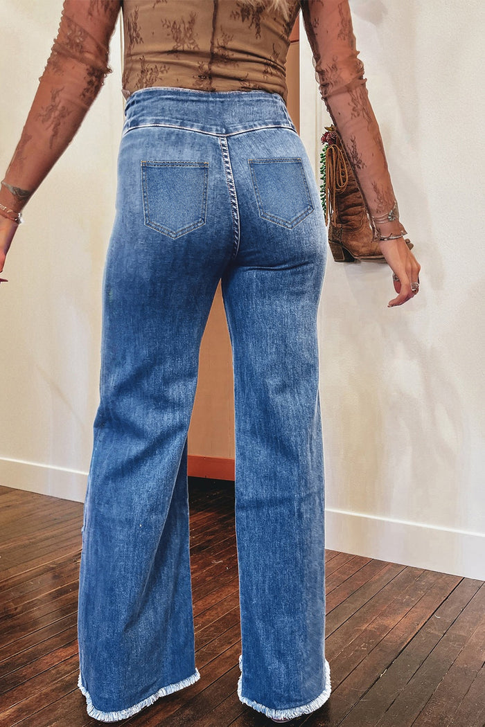 Jean évasé taille haute bleu voile avec braguette boutonnée