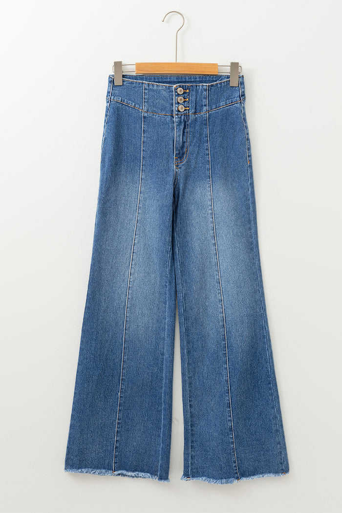 Jean évasé taille haute bleu voile avec braguette boutonnée