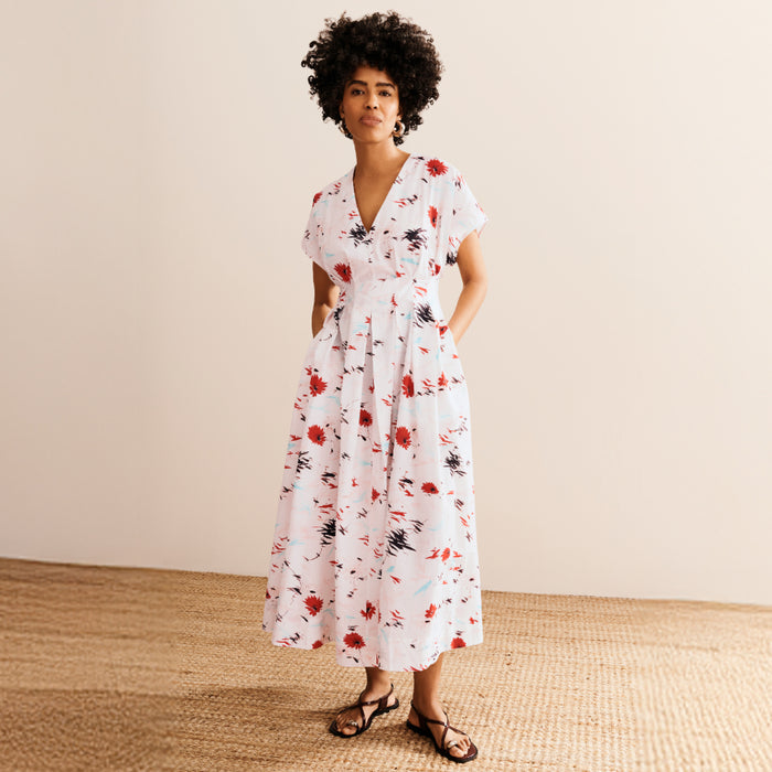 Front image of a woman wearing the Jelina Dress in Brushed Floral