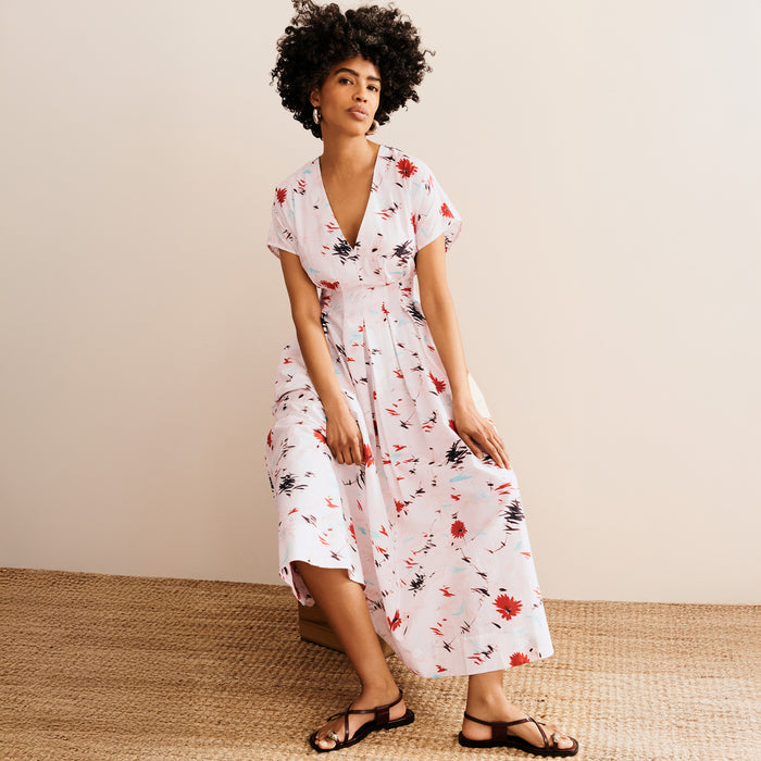 Front image of a woman wearing the Jelina Dress in Brushed Floral