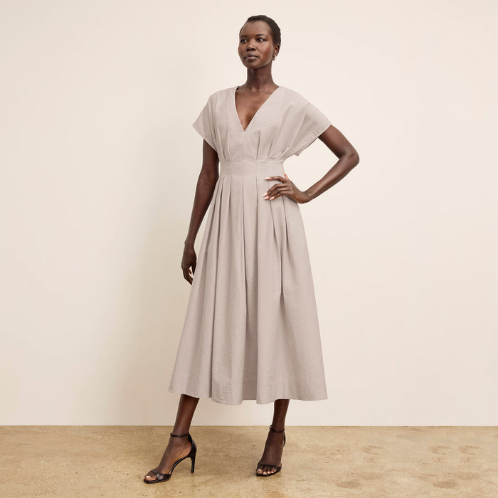 Front image of a woman wearing the Jelina Dress in Quartz Voile
