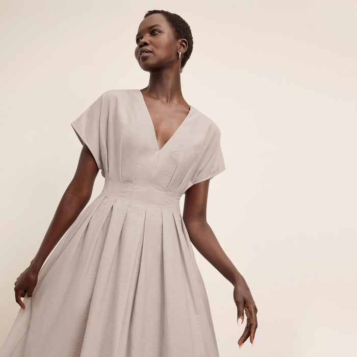 Front image of a woman wearing the Jelina Dress in Quartz Voile