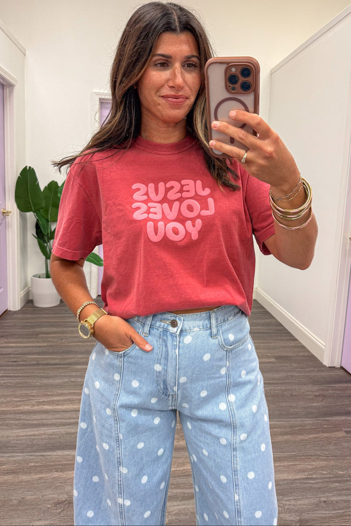 crimson with puff letter Jesus Loves You graphic short sleeve cotton tee