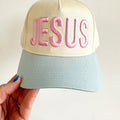 jesus puff print canvas trucker hat
