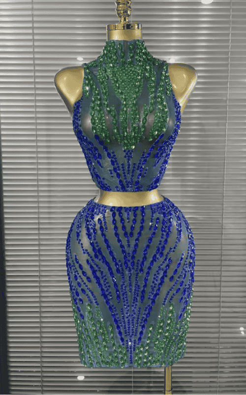 Jill Shining Rhinestone Sleeveless Sheer Mesh Two Piece Bodycon Mini Dress