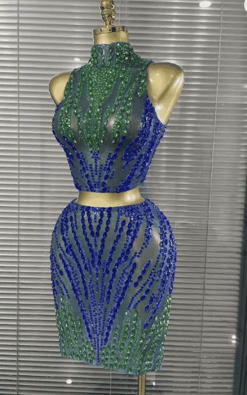 Jill Shining Rhinestone Sleeveless Sheer Mesh Two Piece Bodycon Mini Dress