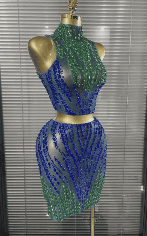 Jill Shining Rhinestone Sleeveless Sheer Mesh Two Piece Bodycon Mini Dress