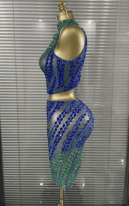 Jill Shining Rhinestone Sleeveless Sheer Mesh Two Piece Bodycon Mini Dress