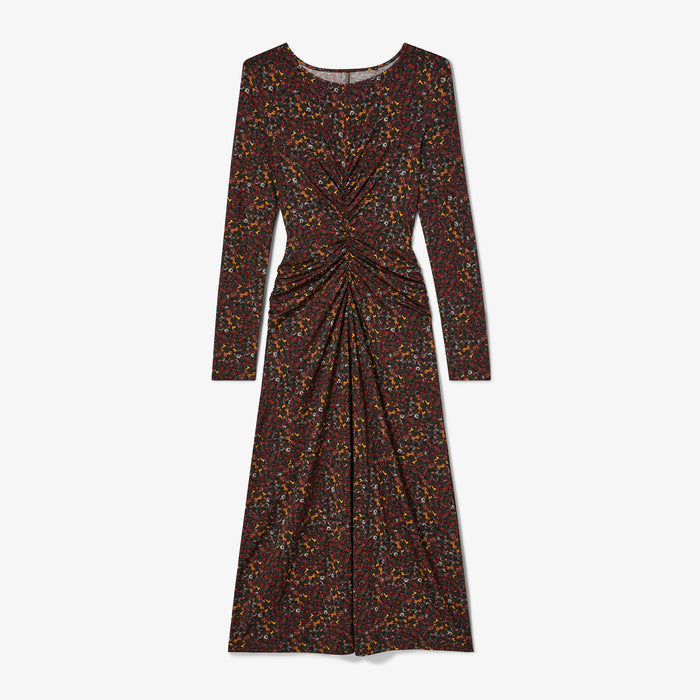 Long-sleeve dress with a pattern on a white background