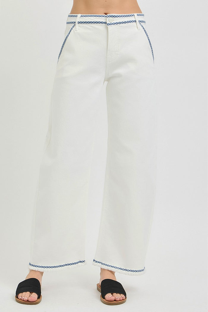 ivory blue embroidered trim risen barrel jeans