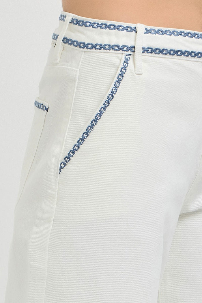 ivory deep blue embroidered trim risen barrel jeans