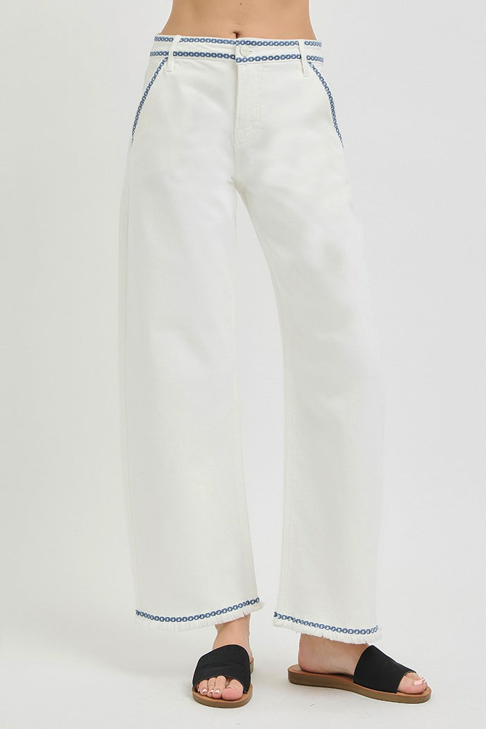 ivory navy blue embroidered trim risen barrel jeans