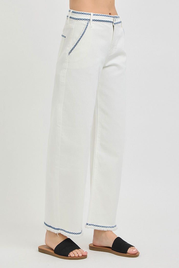 ivory blue embroidered trim risen barrel leg jeans