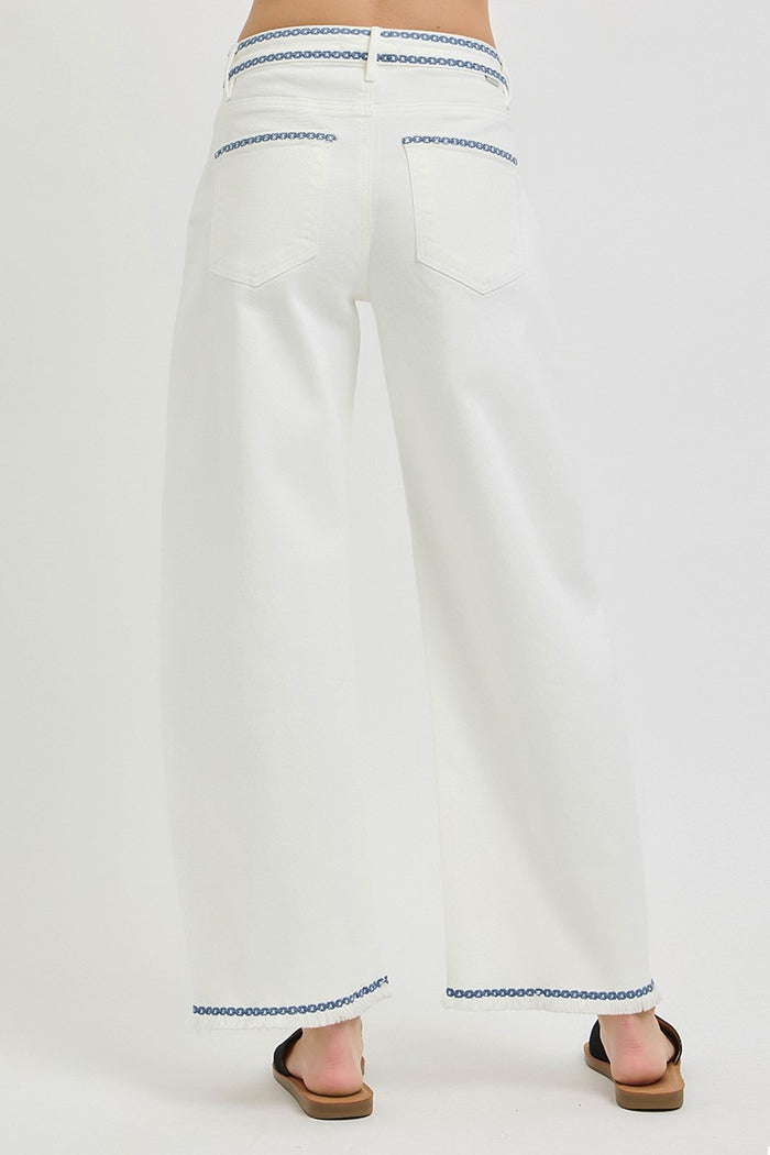 ivory blue embroidered trim risen barrel jean pants