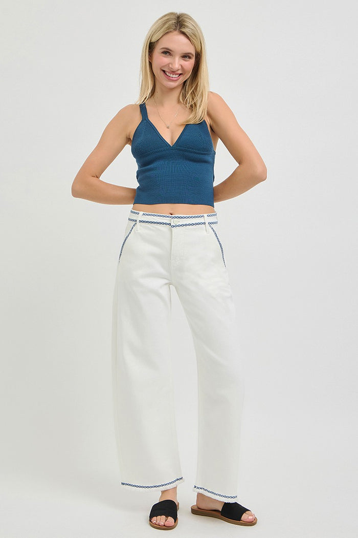 ivory blue embroidered trim risen brand barrel jeans