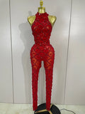 Journee wearing a luxury sparkly black diamond mesh see through jumpsuit.