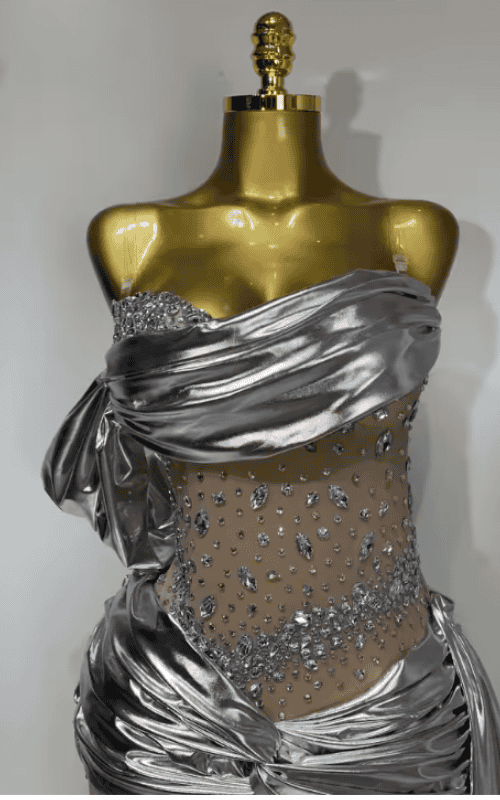 Julianne Luxury Strapless Rhinestone Sheer Mesh Maxi Long Dress