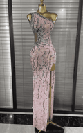 Kaitlyn One Shoulder Pink Sheer Mesh Crystal Bodycon Long Dress