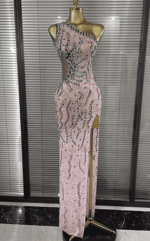 Kaitlyn One Shoulder Pink Sheer Mesh Crystal Bodycon Long Dress