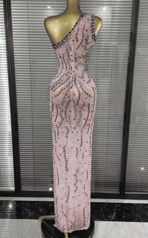 Kaitlyn One Shoulder Pink Sheer Mesh Crystal Bodycon Long Dress