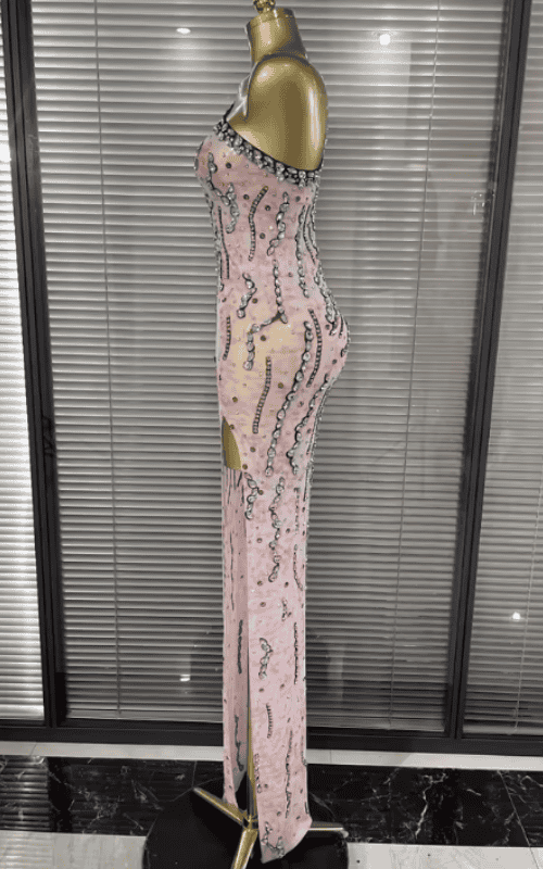 Kaitlyn One Shoulder Pink Sheer Mesh Crystal Bodycon Long Dress