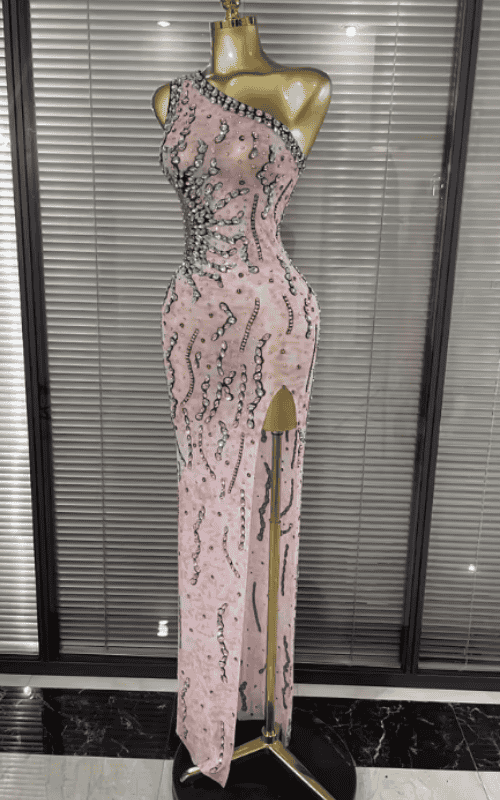 Kaitlyn One Shoulder Pink Sheer Mesh Crystal Bodycon Long Dress