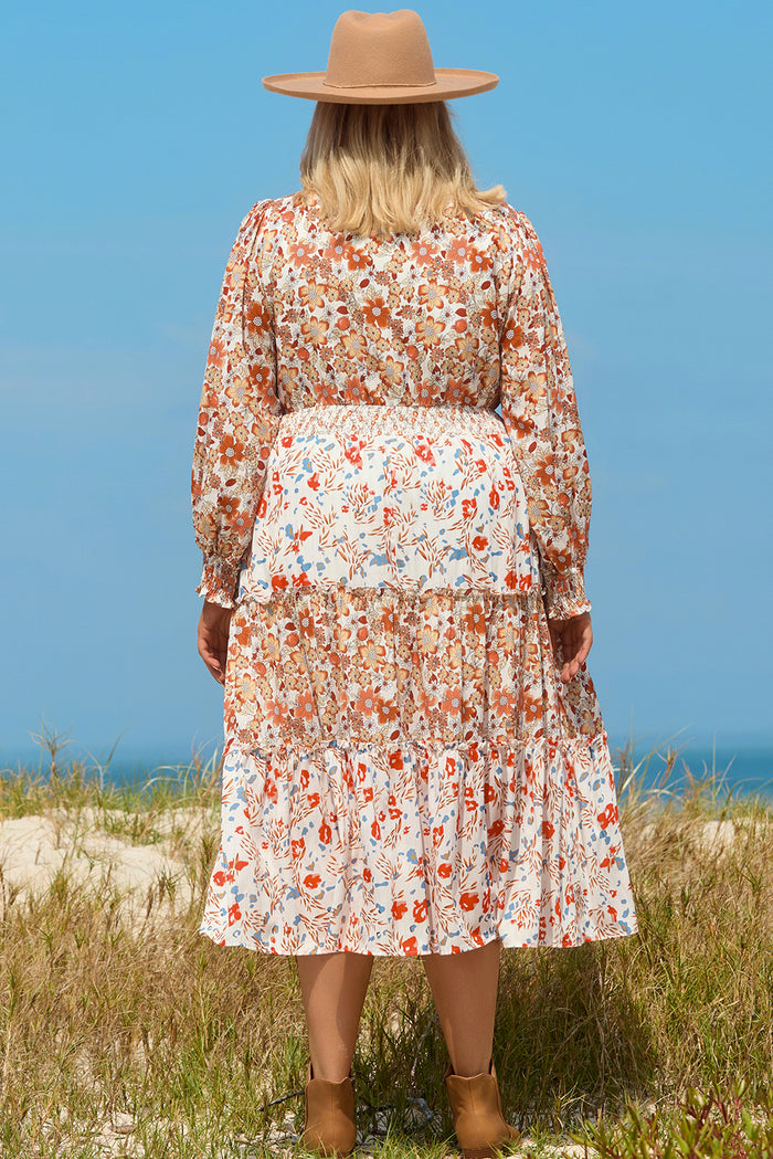 Kaki - Robe Longue Florale à Volants Étagés de Grande Taille