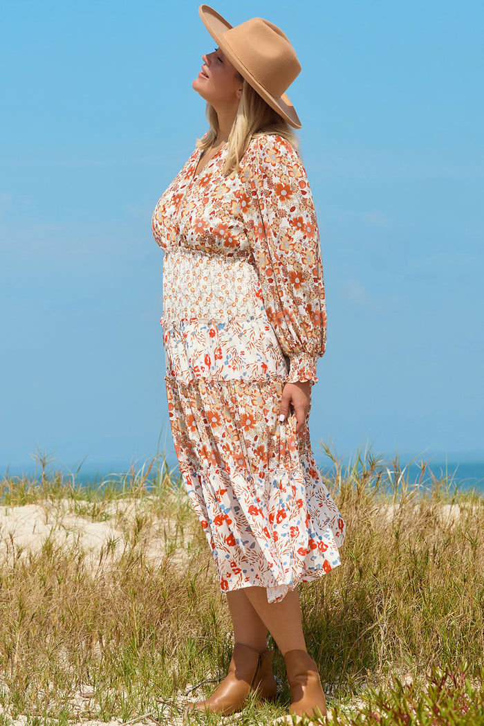 Kaki - Robe Longue Florale à Volants Étagés de Grande Taille
