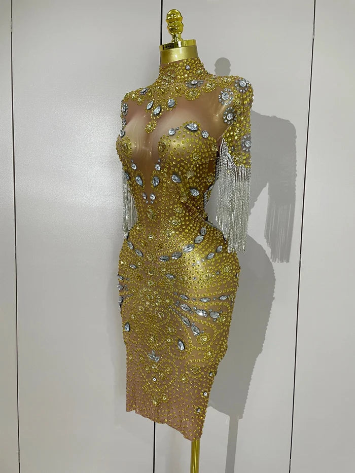 Kamryn luxury diamond tassel mesh see-through dress for women’s evening, birthday, or stage performances.