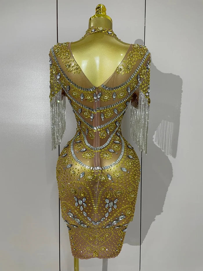 Kamryn luxury diamond tassel mesh see-through dress for women’s evening, birthday, or stage performances.