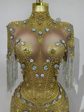 Kamryn luxury diamond tassel mesh see-through dress for women’s evening, birthday, or stage performances.