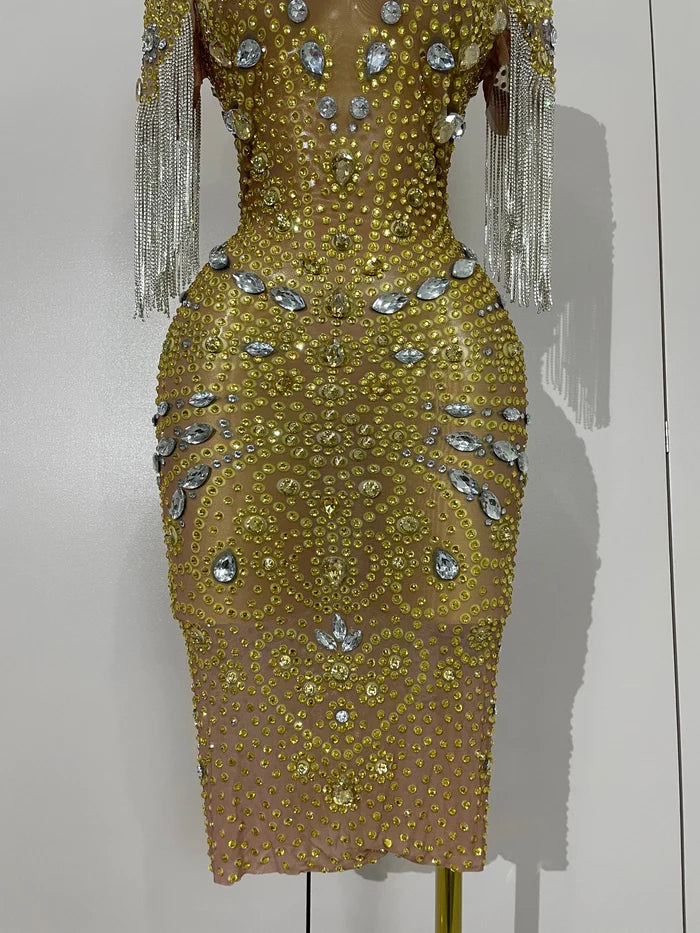 Kamryn luxury diamond tassel mesh see-through dress for women’s evening, birthday, or stage performances.