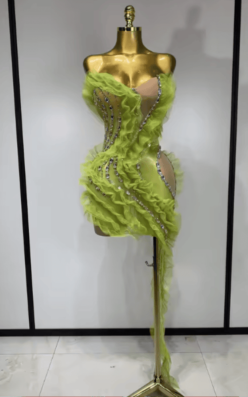 Karina Sparkly Green Rhinestone Sheer Mesh Ruffle Mini Dress