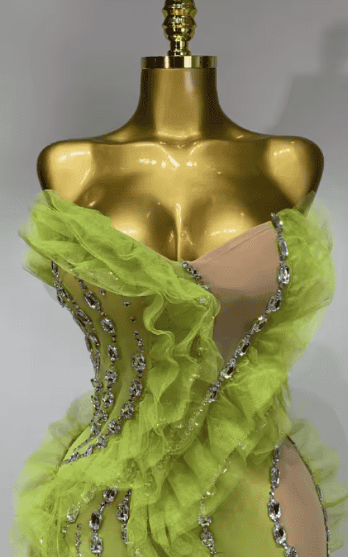 Karina Sparkly Green Rhinestone Sheer Mesh Ruffle Mini Dress