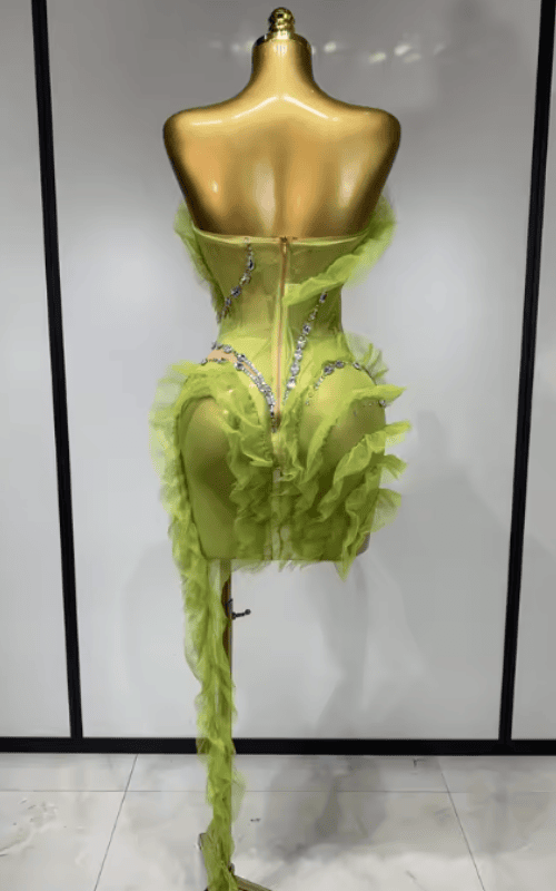 Karina Sparkly Green Rhinestone Sheer Mesh Ruffle Mini Dress