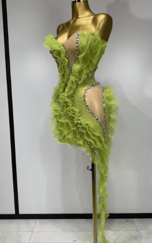 Karina Sparkly Green Rhinestone Sheer Mesh Ruffle Mini Dress