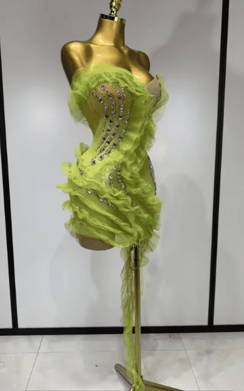 Karina Sparkly Green Rhinestone Sheer Mesh Ruffle Mini Dress