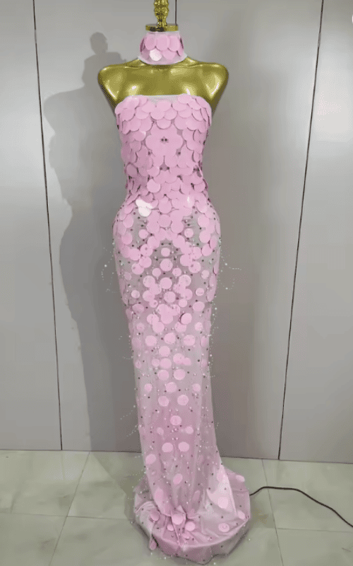 Karina Sparkly Pink Sequin Rhinestone Strapless Maxi Long Dress
