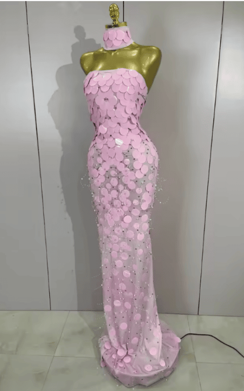 Karina Sparkly Pink Sequin Rhinestone Strapless Maxi Long Dress
